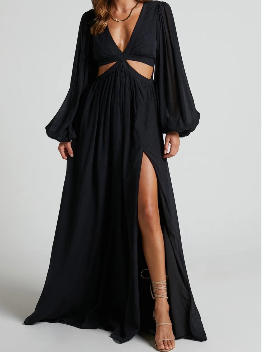 Showpo Black Long Sleeve Cutout Maxi Dress with High Slit